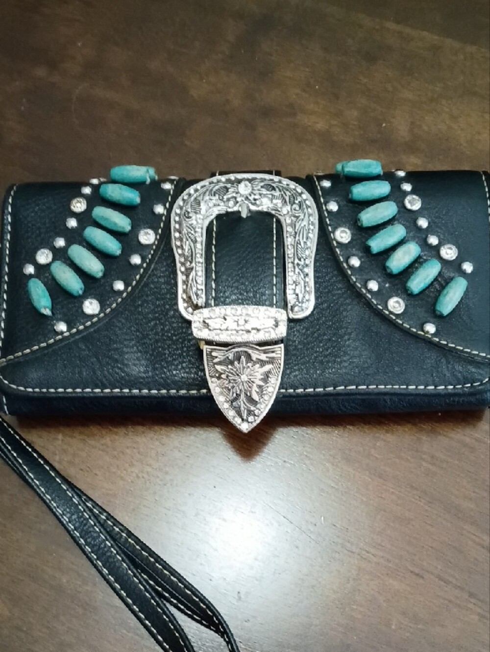 Montana West Euc Black Wallet Wristlet with Turquoise Accent and Silver Buckle - Picture 2 of 13